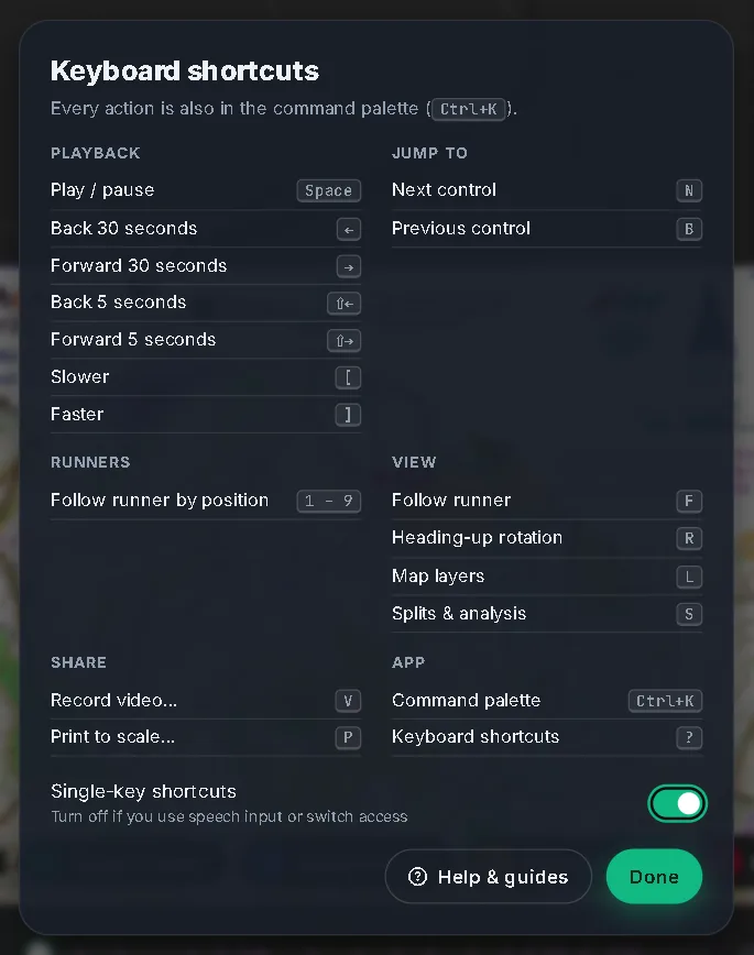 The keyboard shortcuts dialog
