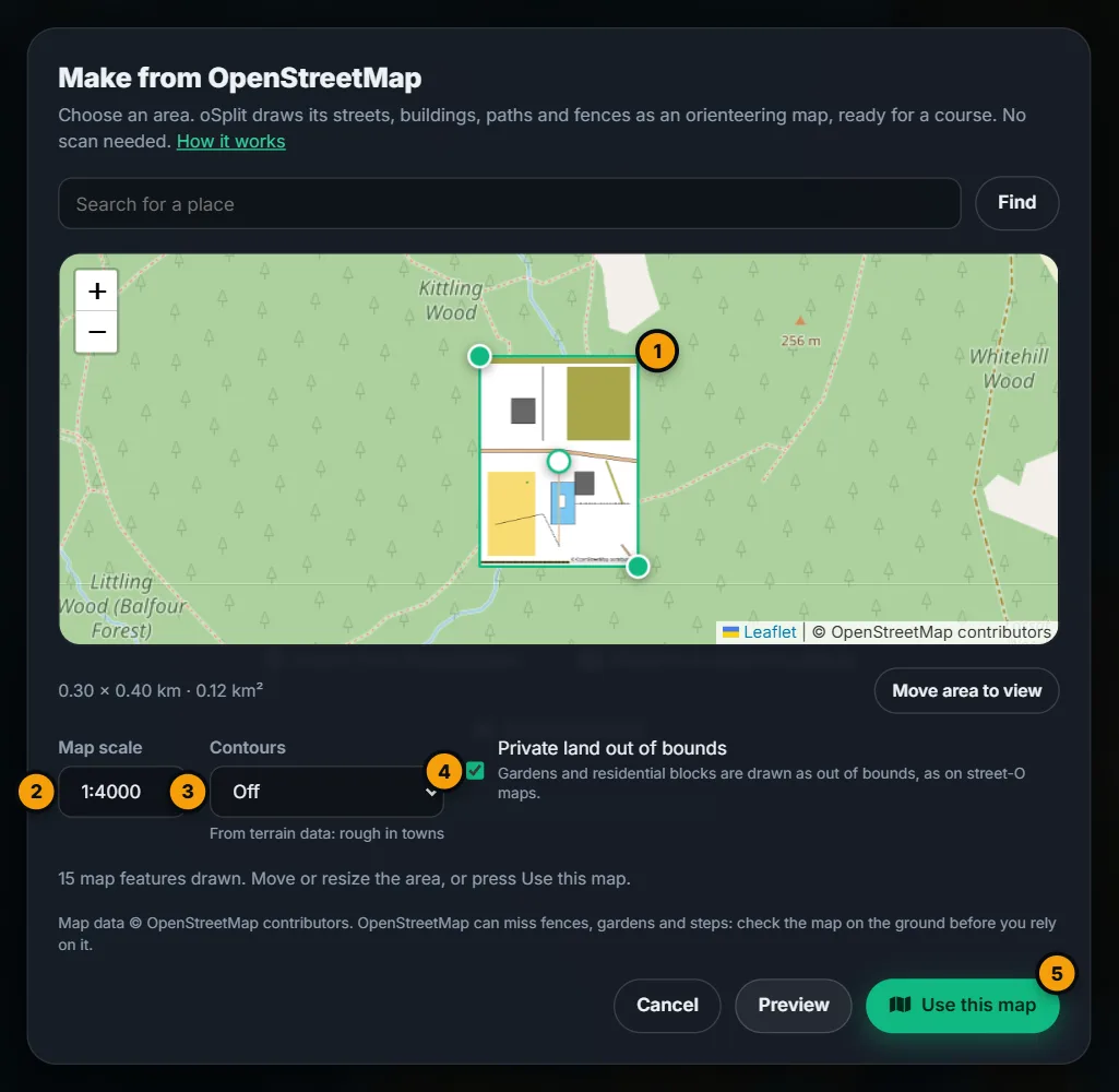Choosing an area in the OpenStreetMap dialog