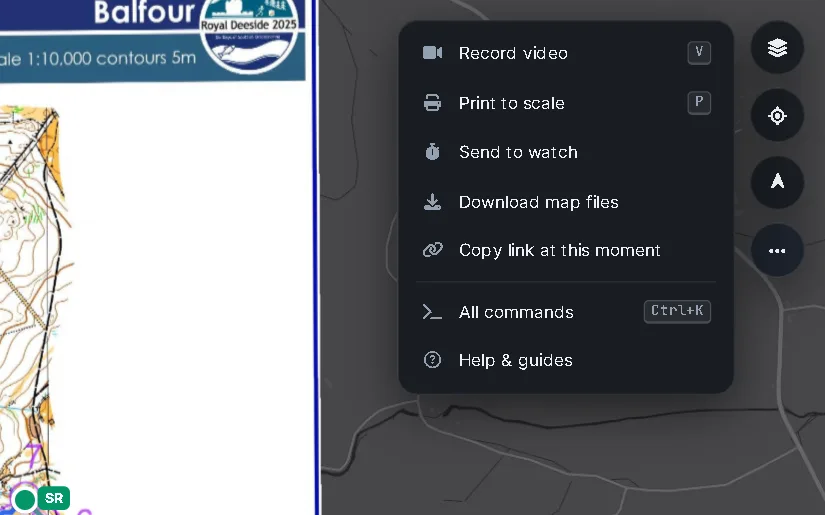 The More menu with Record video, Print to scale, Send to watch, Download map files and Copy link